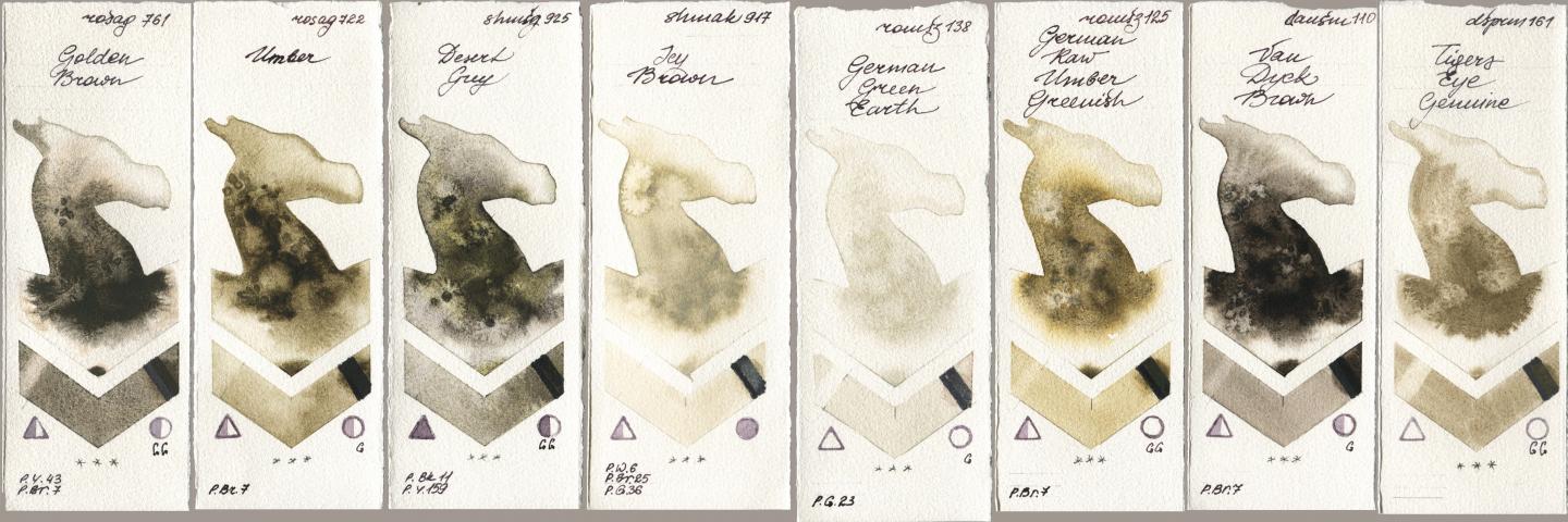 Rosa Gallery 761 Golden Brown, 722 Umber, Shminke Horadam Aquarell 925 Desert Grey, Shminke Akademie Aquarell 917 Icy Brown, Roman Szmal Aquarius 138 German Green Earth, 125 German Raw Umber Greenish, Daniel Smith 110 Van Dyck Brown, 161 Tigers Eye Genui watercolor swatch