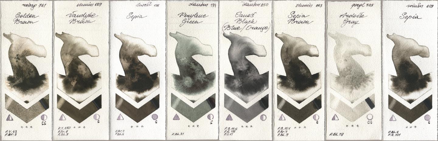 Rosa Gallery 761 Golden Brown, Shminke Horadam Aquarell 669 Vandyke Brown, Holbein Artists Watercolor 136 Sepia, Daniel Smith 194 Perylene Green, 250 Janes Black (Blue/Orange), 663 Sepia Brown, Golden QOR 525 Ardoise Gray, Winsor & Newton Professional 609 Sep watercolor swatch