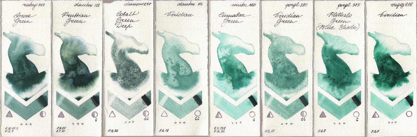 Rosa Gallery 767 Azure Green, Daniel Smith 128 Prussian Green, 258 Cobalt Green Deep, 112 Viridian, Winsor & Newton Professional 420 Cinnabar Green, Golden QOR 380 Viridian Green, 375 Phthalo Green (Blue Shade), Royal Talens Van Gogh Watercolour 616 Viridi watercolor swatch