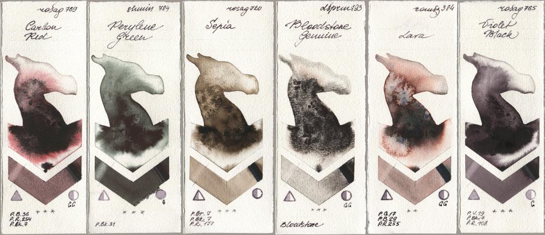 Rosa Gallery 769 Carbon Red, Shminke Horadam Aquarell 784 Perylene Green, 720 Sepia, Daniel Smith 193 Bloodstone Genuine, Roman Szmal Aquarius 384 Lava, 765 Violet Bla watercolor swatch