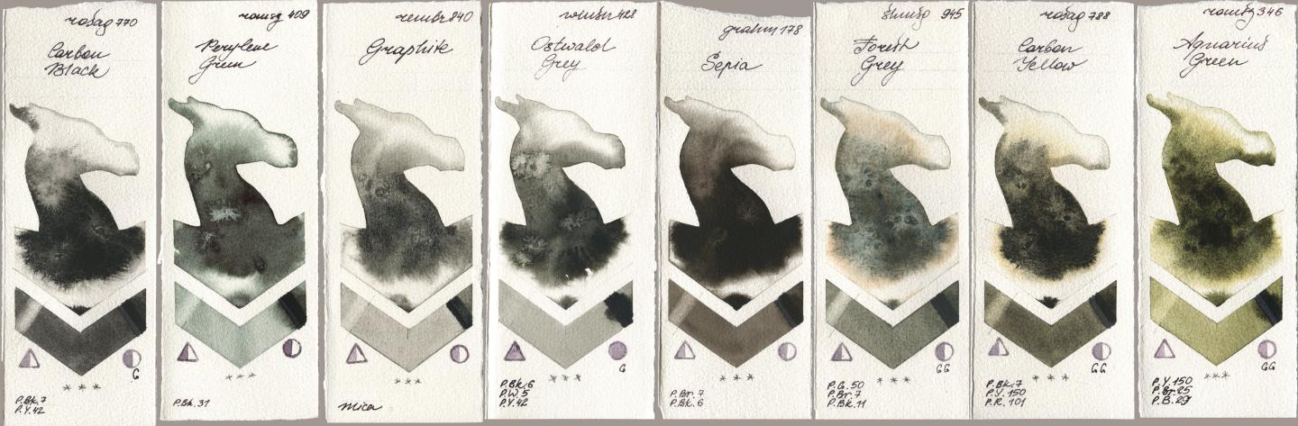 Rosa Gallery 770 Carbon Black, Roman Szmal Aquarius 409 Perylene Green, Royal Talens Rembrandt Watercolour 840 Graphite, Winsor & Newton Professional 428 Ostwald Grey, M. Graham & Co. Artists 178 Sepia, Shminke Horadam Aquarell 945 Forest Grey, 788 Carbon Yellow, 346 Aquarius Gre watercolor swatch