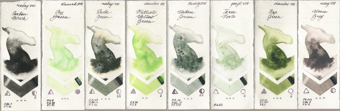 Rosa Gallery 770 Carbon Black, Shminke Akademie Aquarell 915 Icy Green, 766 Jade Green, Daniel Smith 124 Phthalo Yellow Green, Shminke Horadam Aquarell 936 Urban Green, Golden QOR 405 Terre Verte, 102 Sap Green, 759 Warm Gr watercolor swatch