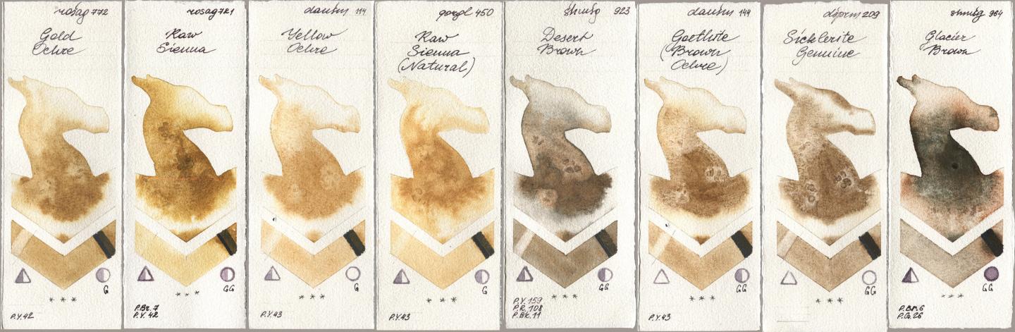 Rosa Gallery 772 Gold Ochre, 721 Raw Sienna, Daniel Smith 114 Yellow Ochre, Golden QOR 450 Raw Sienna (Natural), Shminke Horadam Aquarell 923 Desert Brown, 144 Goethite (Brown Ochre), 209 Sicklerite Genuine, 964 Glacier Bro watercolor swatch