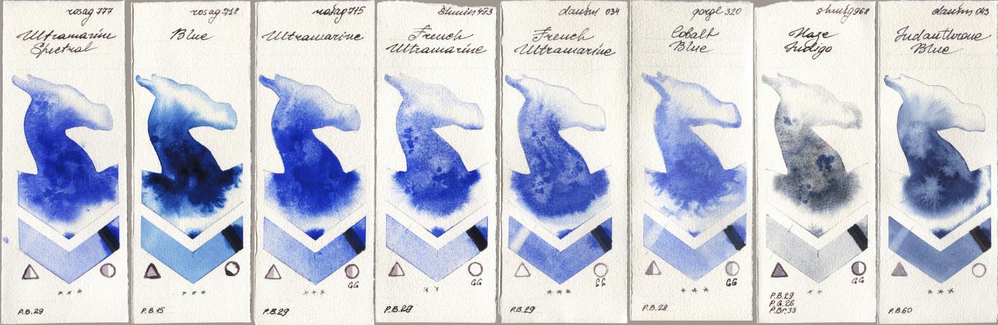 Rosa Gallery 777 Ultramarine Spectral, 718 Blue, 715 Ultramarine, Shminke Horadam Aquarell 493 French Ultramarine, Daniel Smith 034 French Ultramarine, Golden QOR 320 Cobalt Blue, 968 Haze Indigo, 043 Indanthrone Bl watercolor swatch