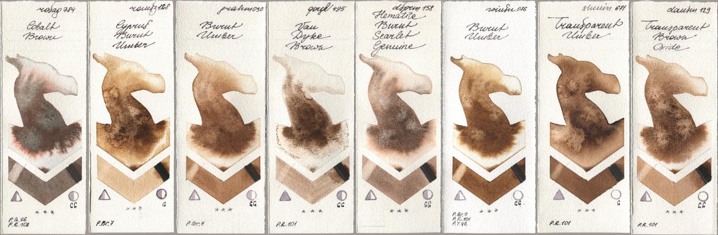 Rosa Gallery 784 Cobalt Brown, Roman Szmal Aquarius 128 Cyprus Burnt Umber, M. Graham & Co. Artists 030 Burnt Umber, Golden QOR 495 Van Dyke Brown, Daniel Smith 158 Hematite Burnt Scarlet Genuine, Winsor & Newton Professional 076 Burnt Umber, Shminke Horadam Aquarell 671 Transparent Umber, 129 Transparent Brown Oxi watercolor swatch