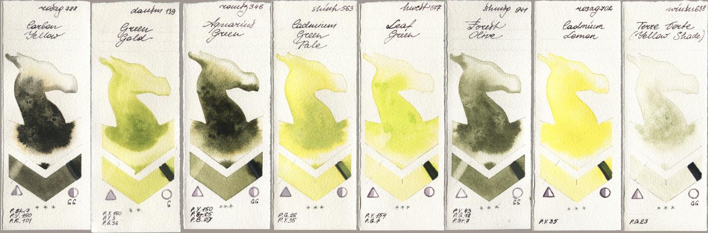 Rosa Gallery 788 Carbon Yellow, Daniel Smith 139 Green Gold, Roman Szmal Aquarius 346 Aquarius Green, Shinhan PWC 563 Cadmium Green Pale, Holbein Artists Watercolor 077 Leaf Green, Shminke Horadam Aquarell 941 Forest Olive, 702 Cadmium Lemon, Winsor & Newton Professional 638 Terre Verte (Yellow Shad watercolor swatch