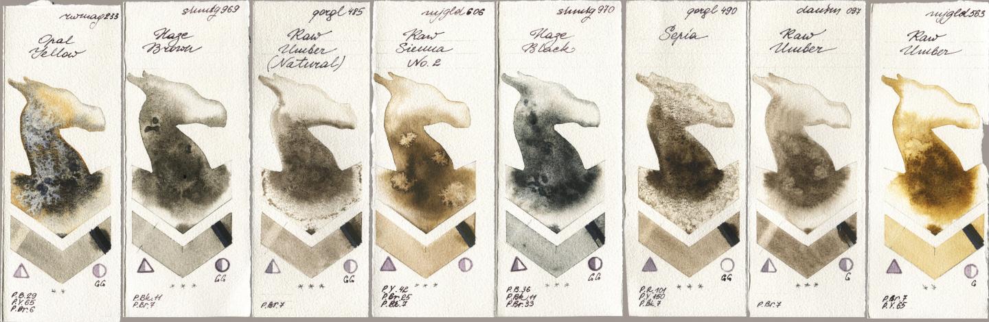 Rockwell 233 Opal Yellow, Shminke Horadam Aquarell 969 Haze Brown, Golden QOR 485 Raw Umber (Natural), Mijello Mission Gold 606 Raw Sienna No 2, 970 Haze Black, 490 Sepia, Daniel Smith 097 Raw Umber, 563 Raw Umb watercolor swatch
