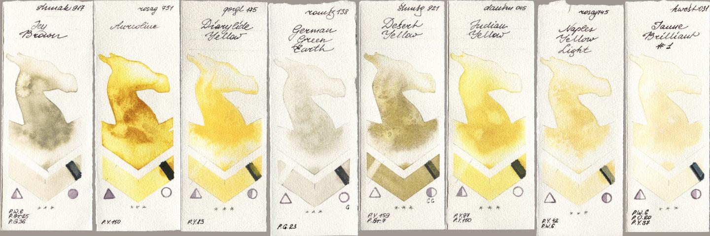 Shminke Akademie Aquarell 917 Icy Brown, Rosa Gallery 751 Aureoline, Golden QOR 175 Diarylide Yellow, Roman Szmal Aquarius 138 German Green Earth, Shminke Horadam Aquarell 921 Desert Yellow, Daniel Smith 045 Indian Yellow, 745 Naples Yellow Light, Holbein Artists Watercolor 031 Jaune Brilliant No watercolor swatch