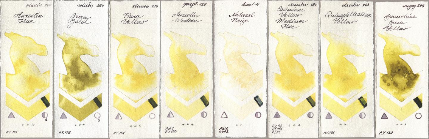 Shminke Horadam Aquarell 208 Aureolin Hue, Winsor & Newton Professional 294 Green Gold, 216 Pure Yellow, Golden QOR 135 Aureolin Modern, Kuretake Gansai Tambi 011 Natural Beige, Daniel Smith 184 Cadmium Yellow Medium Hue, 223 Quinophthalone Yellow, Royal Talens Van Gogh Watercolour 296 Azomethine Green Yell watercolor swatch