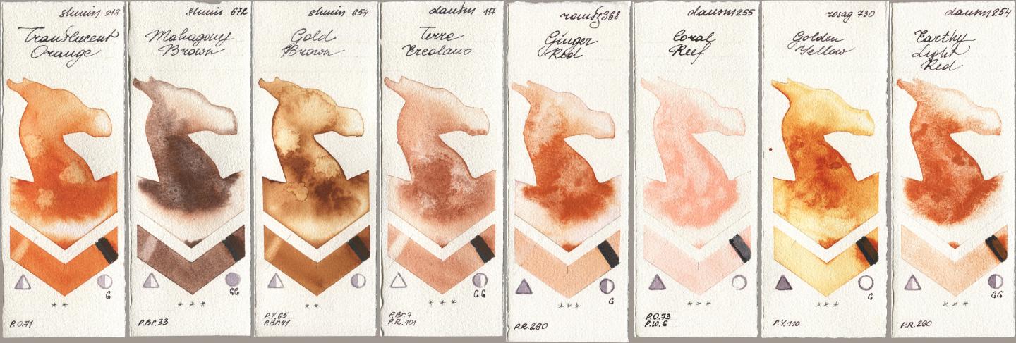 Shminke Horadam Aquarell 218 Translucent Orange / Transparent Orange, 672 Mahagony Brown, 654 Gold Brown, Daniel Smith 117 Terre Ercolano, Roman Szmal Aquarius 368 Genger Red, 255 Coral Reef, Rosa Gallery 730 Golden Yellow, 254 Earthy Light R watercolor swatch