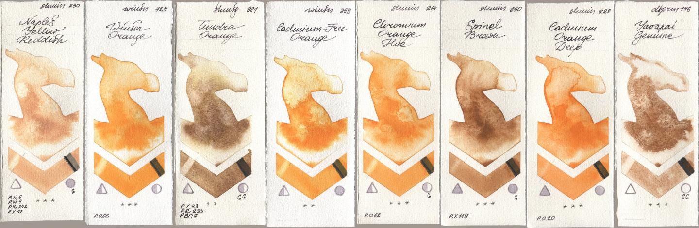 Shminke Horadam Aquarell 230 Naples Yellow Reddish, Winsor & Newton Professional 724 Winsor Orange, 981 Tundra Orange, 899 Cadmium-Free Orange, 214 Chrome Organge LF (Chromium Orange Hue), 650 Spinel Brown, 228 Cadmium Orange Deep, Daniel Smith 146 Yavapai Genui watercolor swatch