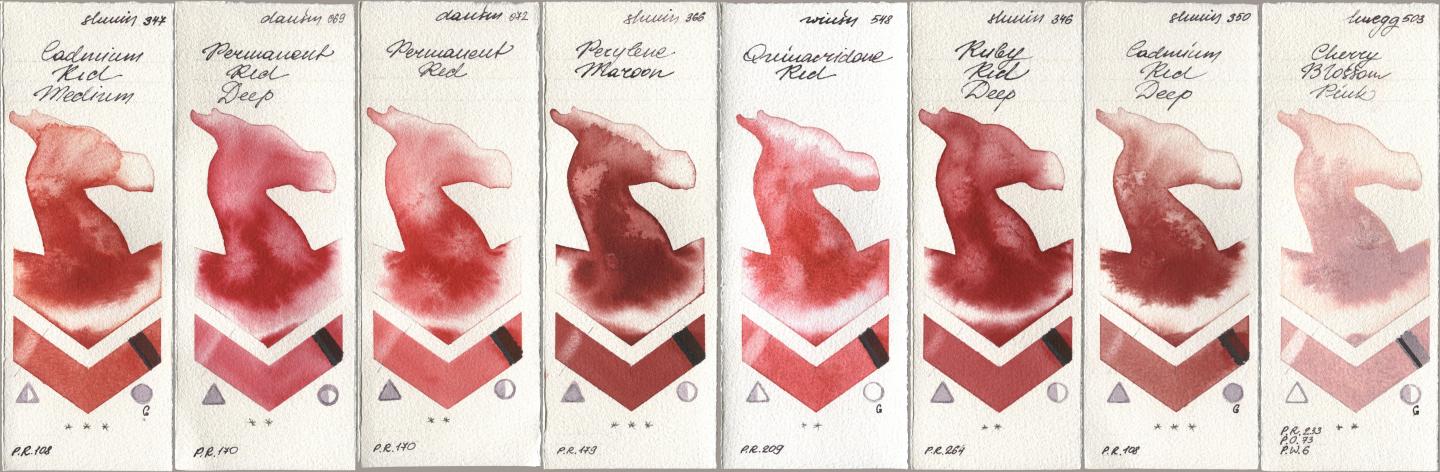 Shminke Horadam Aquarell 347 Cadmium Red Medium, Daniel Smith 069 Permanent Red Deep, 072 Permanent Red, 366 Perylene Maroon, Winsor & Newton Professional 548 Quinacridone Red, 346 Ruby Red Deep, 350 Cadmium Red Deep, Holbein Artists Watercolor 503 Cherry Blossom Pi watercolor swatch