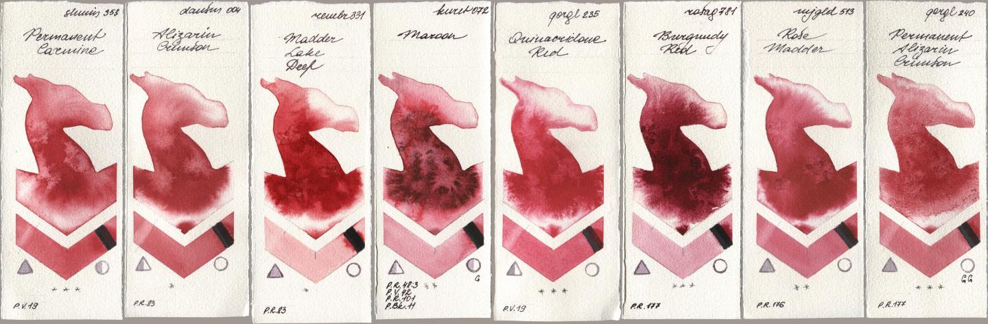Shminke Horadam Aquarell 353 Permanent Carmine, Daniel Smith 004 Alizarin Crimson, Royal Talens Rembrandt Watercolour 331 Madder Lake Deep, Kuretake Gansai Tambi 072 Maroon, Golden QOR 235 Quinacridone Red, Rosa Gallery 781 Burgundy Red, Mijello Mission Gold 513 Rose Madder, 240 Permanent Alizarin Crims watercolor swatch