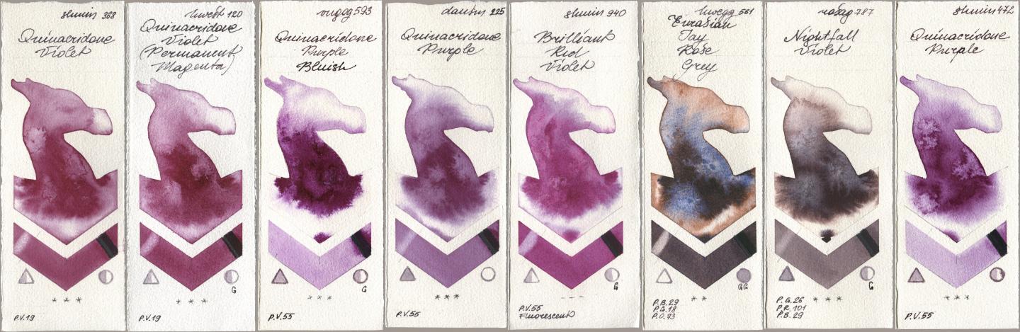 Shminke Horadam Aquarell 368 Quinacridone Violet, Holbein Artists Watercolor 120 Quinacridone Violet (Permanent Magenta), Royal Talens Van Gogh Watercolour 593 Quinacridone Purple Bluish, Daniel Smith 225 Quinacridone Purple, 940 Brilliant Red Violet, 561 Eurasian Jay Rose Grey, Rosa Gallery 787 Nightfall Violet, 472 Quinacridone Purp watercolor swatch