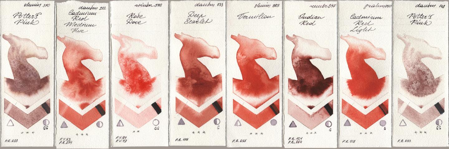 Shminke Horadam Aquarell 370 Potters Pink, Daniel Smith 222 Cadmium Red Medium Hue, Winsor & Newton Professional 576 Rose Dore, 033 Deep Scarlet, 365 Vermilion, Royal Talens Rembrandt Watercolour 347 Indian Red, M. Graham & Co. Artists 050 Cadmium Red Light, 148 Potters Pi watercolor swatch