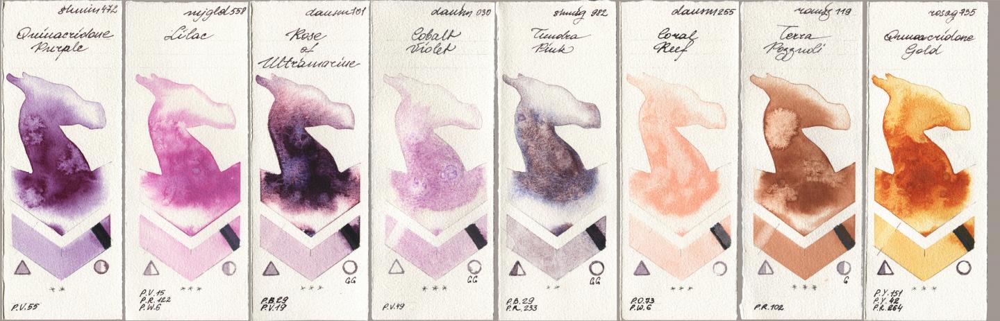 Shminke Horadam Aquarell 472 Quinacridone Purple, Mijello Mission Gold 558 Lilac, Daniel Smith 101 Rose of Ultramarine, 030 Cobalt Violet, 982 Tundra Pink, 255 Coral Reef, Roman Szmal Aquarius 119 Terra Pozzuoli, Rosa Gallery 735 Quinacridone Go watercolor swatch