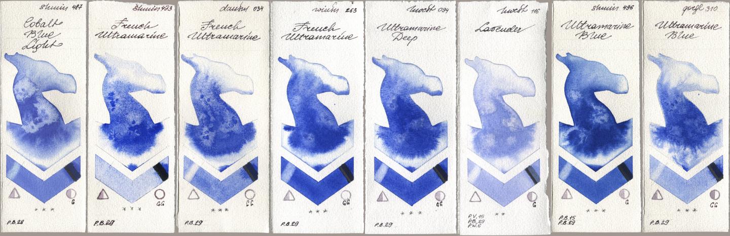 Shminke Horadam Aquarell 487 Cobalt Blue Light, 493 French Ultramarine, Daniel Smith 034 French Ultramarine, Winsor & Newton Professional 263 French Ultramarine, Holbein Artists Watercolor 094 Ultramarine Deep, 116 Lavender, 496 Ultramarine Blue, Golden QOR 310 Ultramarine Bl watercolor swatch