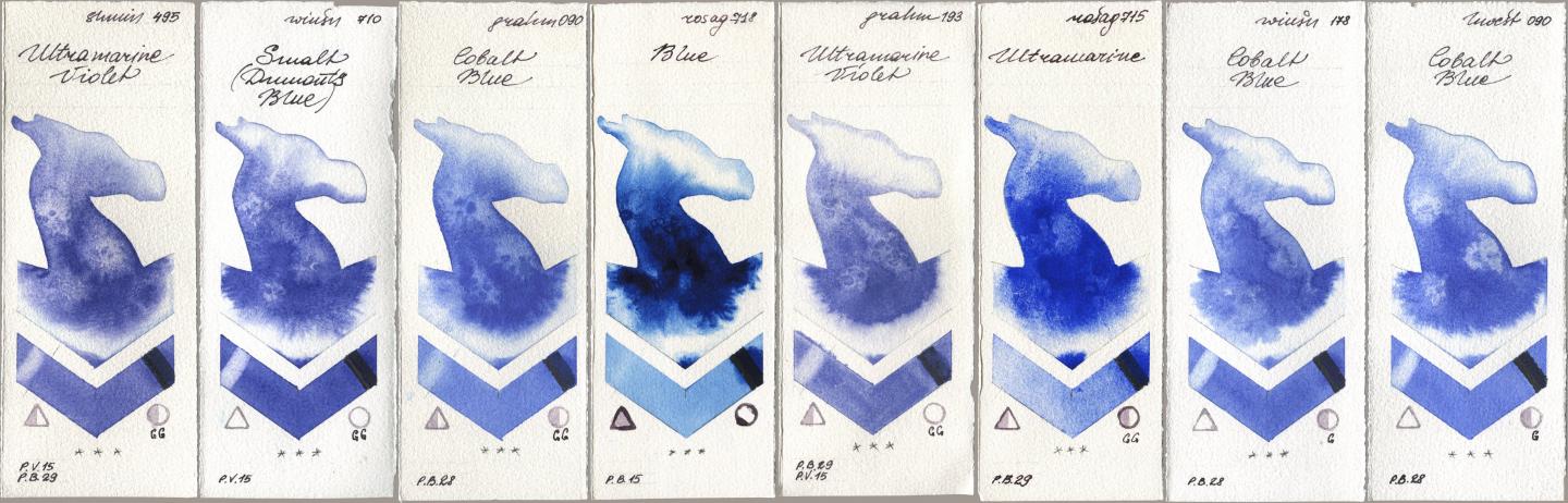 Shminke Horadam Aquarell 495 Ultramarine Violet, Winsor & Newton Professional 710 Smalt (Dumonts Blue), M. Graham & Co. Artists 090 Cobalt Blue, Rosa Gallery 718 Blue, 193 Ultramarine Violet, 715 Ultramarine, 178 Cobalt Blue, Holbein Artists Watercolor 090 Cobalt Bl watercolor swatch