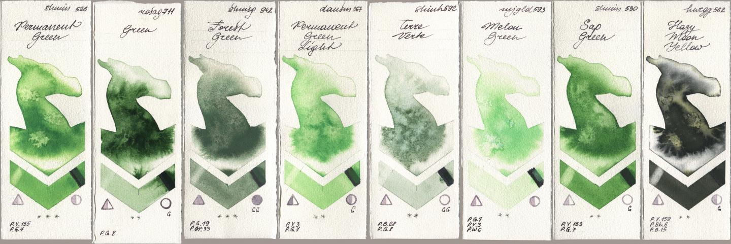Shminke Horadam Aquarell 526 Permanent Green, Rosa Gallery 711 Green, 942 Forest Green, Daniel Smith 067 Permanent Green Light, Shinhan PWC 592 Terre Verte, Mijello Mission Gold 593 Melon Green, 530 Sap Green, Holbein Artists Watercolor 562 Hazy Moon Yell watercolor swatch