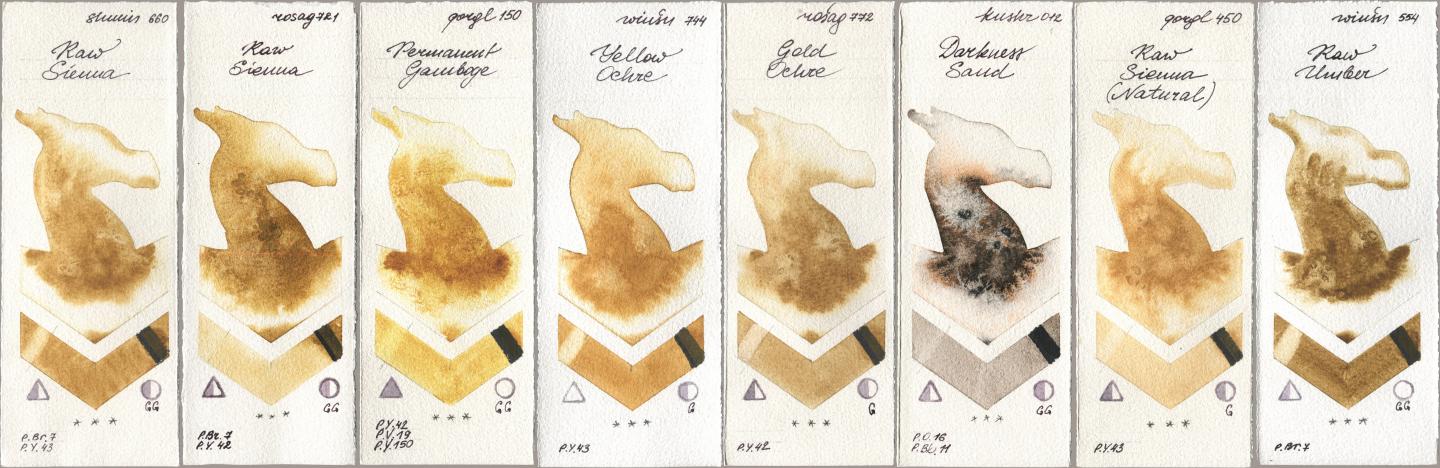 Shminke Horadam Aquarell 660 Raw Sienna, Rosa Gallery 721 Raw Sienna, Golden QOR 150 Permanent Gamboge, Winsor & Newton Professional 744 Yellow Ochre, 772 Gold Ochre, Kusakabe 012 Darkness Sand, 450 Raw Sienna (Natural), 554 Raw Umb watercolor swatch