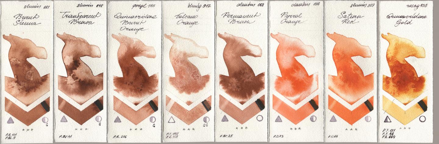 Shminke Horadam Aquarell 661 Burnt Sienna, 648 Transparent Brown, Golden QOR 165 Quinacridone Burnt Orange, 912 Volcano Orange, Daniel Smith 068 Permanent Brown, 126 Pyrrol Orange, 359 Saturn Red, Rosa Gallery 735 Quinacridone Go watercolor swatch