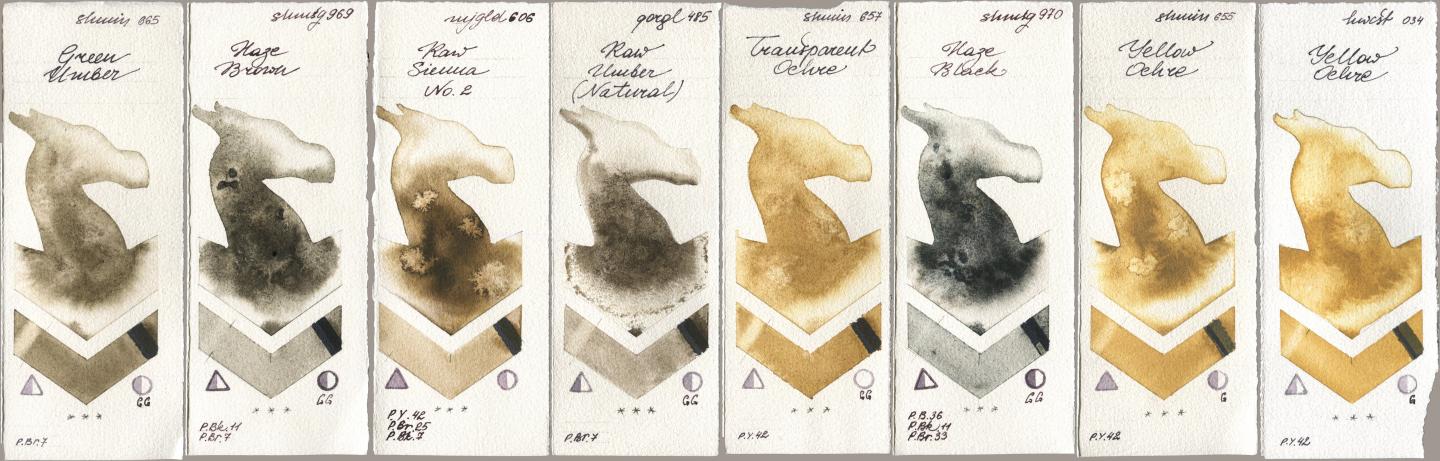 Shminke Horadam Aquarell 665 Green Umber, 969 Haze Brown, Mijello Mission Gold 606 Raw Sienna No 2, Golden QOR 485 Raw Umber (Natural), 657 Transparent Ochre, 970 Haze Black, 655 Yellow Ochre, Holbein Artists Watercolor 034 Yellow Och watercolor swatch