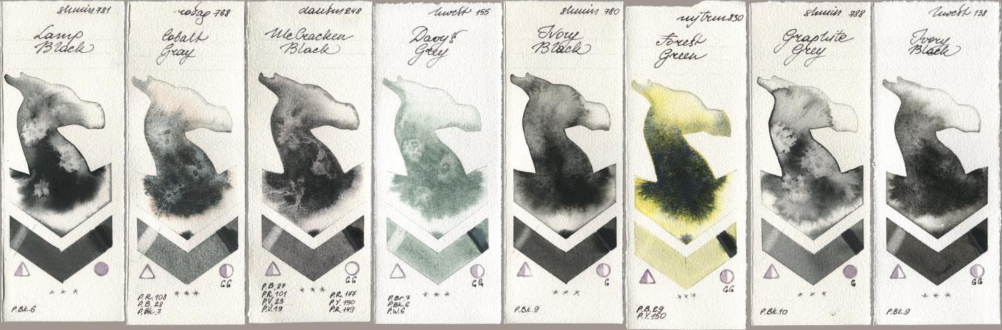 Shminke Horadam Aquarell 781 Lamp Black, Rosa Gallery 768 Cobalt Gray, Daniel Smith 248 McCracken Black, Holbein Artists Watercolor 155 Davys Grey, 780 Ivory Black, Mijello Mission Gold 830 Forest Green, 788 Graphite Grey, 138 Ivory Bla watercolor swatch