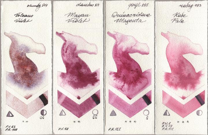 Shminke Horadam Aquarell 914 Volcano Violet, Daniel Smith 214 Mayan Violet, Golden QOR 265 Quinacridone Magenta, Rosa Gallery 793 Rose Pa watercolor swatch