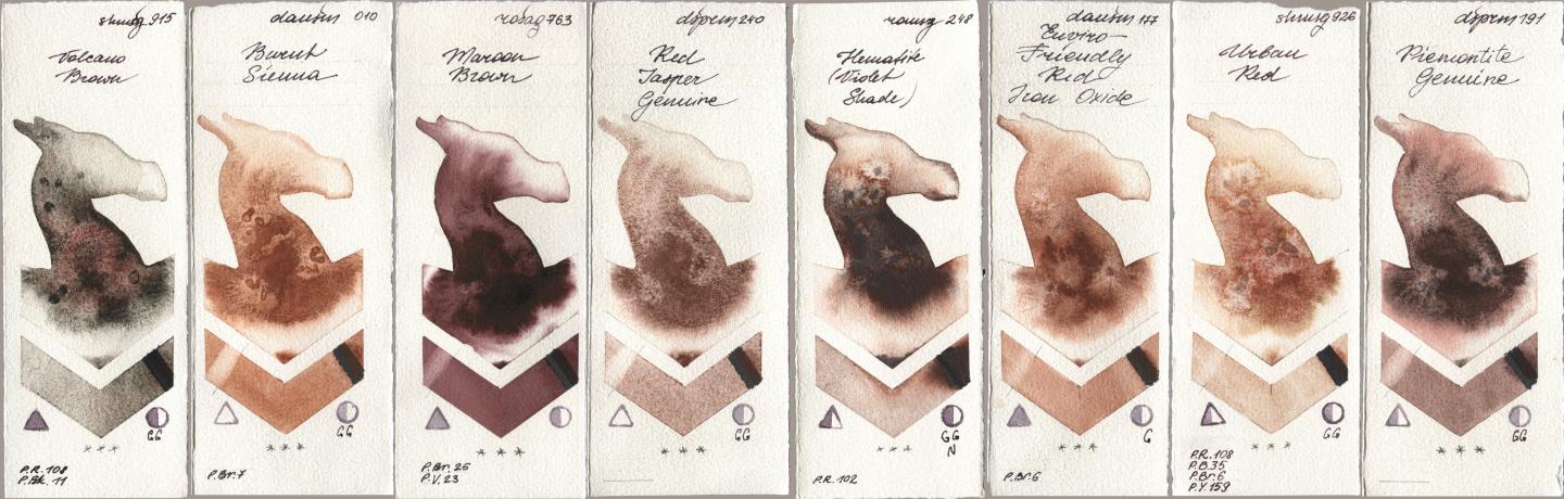 Shminke Horadam Aquarell 915 Volcano Brown, Daniel Smith 010 Burnt Sienna, Rosa Gallery 763 Maroon Brown, 240 Red Jasper Genuine, Roman Szmal Aquarius 248 Hematite (Violet Shade), 177 Enviro-Friendly Red Iron Oxide, 926 Urban Red, 191 Piemontite Genui watercolor swatch