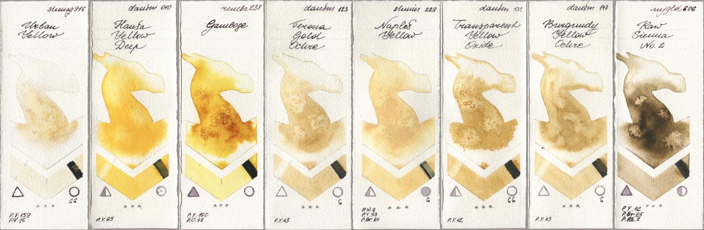 Shminke Horadam Aquarell 916 Urban Yellow, Daniel Smith 040 Hansa Yellow Deep, Royal Talens Rembrandt Watercolour 238 Gamboge, 123 Verona Gold Ochre, 229 Naples Yellow, 131 Transparent Yellow Oxide, 147 Burgundy Yellow Ochre, Mijello Mission Gold 606 Raw Sienna No watercolor swatch