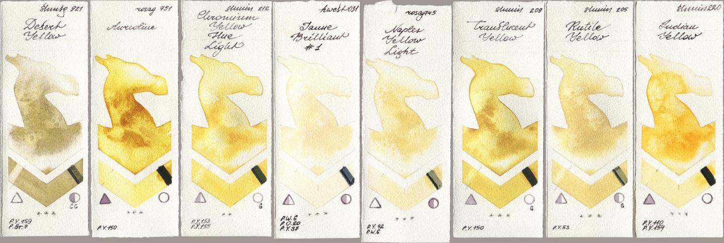 Shminke Horadam Aquarell 921 Desert Yellow, Rosa Gallery 751 Aureoline, 212 Chromium Yellow Hue Light, Holbein Artists Watercolor 031 Jaune Brilliant No 1, 745 Naples Yellow Light, 209 Translucent Yellow, 205 Rutile Yellow, 220 Indian Yell watercolor swatch