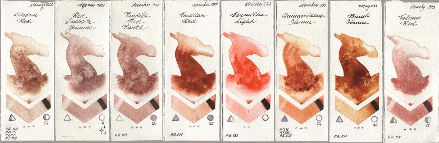 Shminke Horadam Aquarell 926 Urban Red, Daniel Smith 189 Red Fuchsite Genuine, 137 English Red Earth, Winsor & Newton Professional 678 Venetian Red, 342 Vermilion Light, 093 Quinacridone Sienna, Rosa Gallery 733 Burnt Sienna, 913 Volcano R watercolor swatch