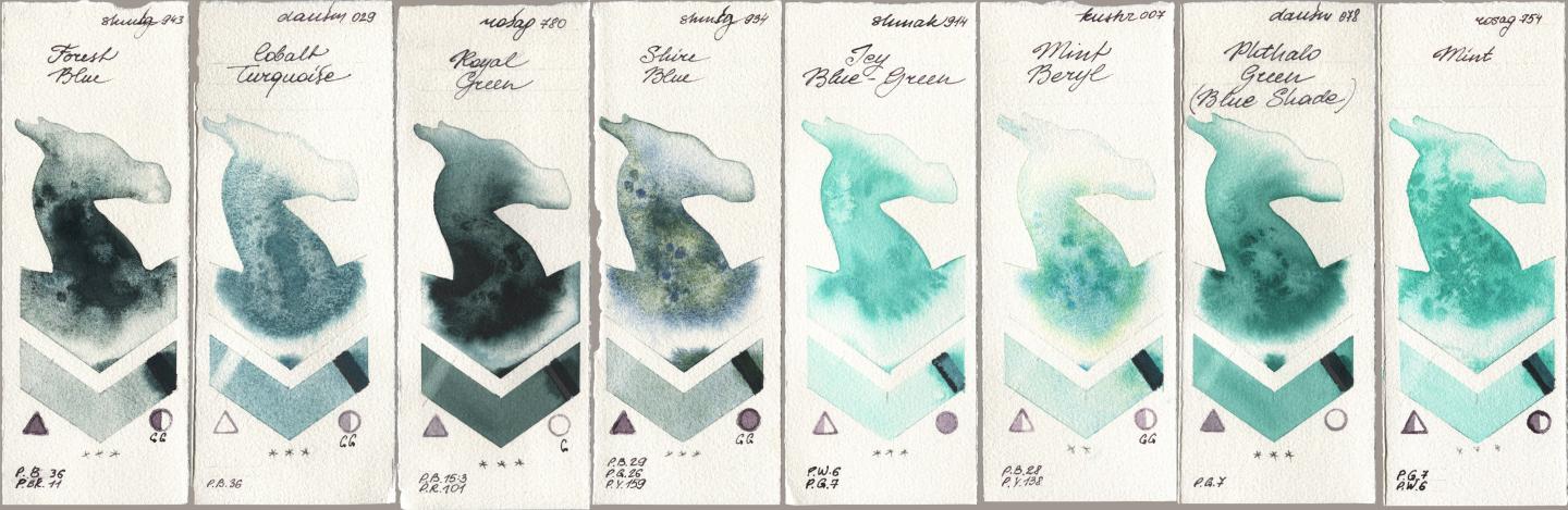 Shminke Horadam Aquarell 943 Forest Blue, Daniel Smith 029 Cobalt Turquoise, Rosa Gallery 780 Royal Green, 934 Shire Blue, Shminke Akademie Aquarell 914 Icy Blue-Green, Kusakabe 007 Mint Beryl, 078 Phthalo Green (Blue Shade), 754 Mi watercolor swatch
