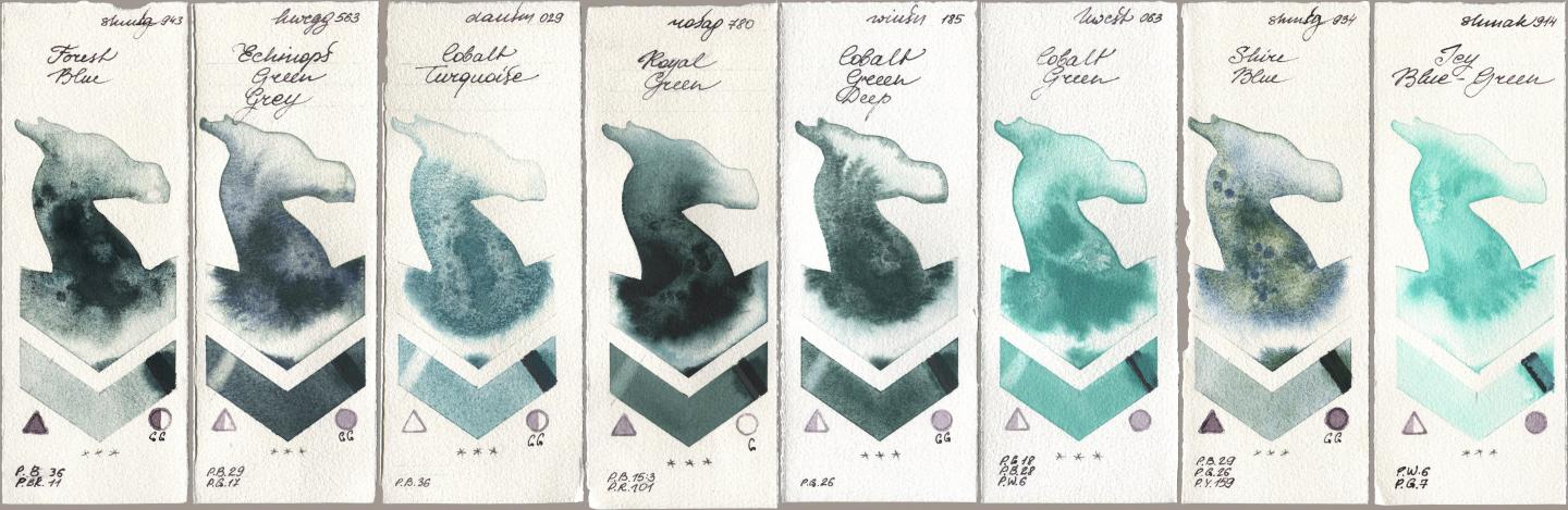 Shminke Horadam Aquarell 943 Forest Blue, Holbein Artists Watercolor 563 Echinops Green Grey, Daniel Smith 029 Cobalt Turquoise, Rosa Gallery 780 Royal Green, Winsor & Newton Professional 185 Cobalt Green Deep, 063 Cobalt Green, 934 Shire Blue, Shminke Akademie Aquarell 914 Icy Blue-Gre watercolor swatch