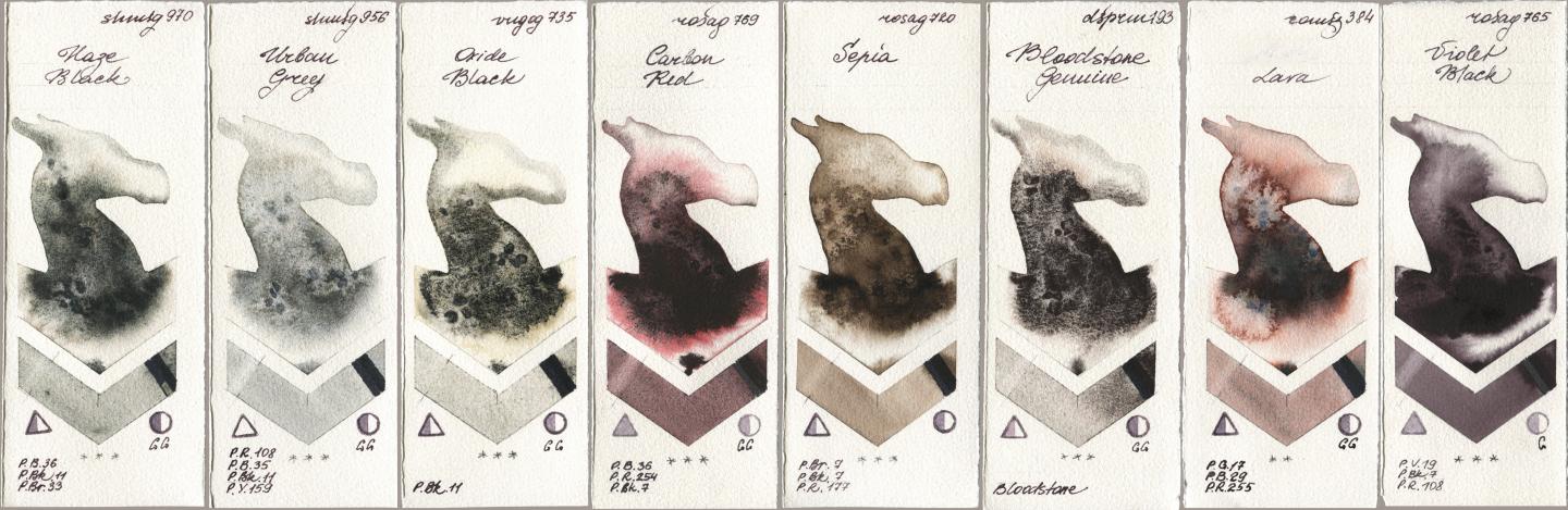 Shminke Horadam Aquarell 970 Haze Black, 956 Urban Grey, Royal Talens Van Gogh Watercolour 735 Oxide Black, Rosa Gallery 769 Carbon Red, 720 Sepia, Daniel Smith 193 Bloodstone Genuine, Roman Szmal Aquarius 384 Lava, 765 Violet Bla watercolor swatch