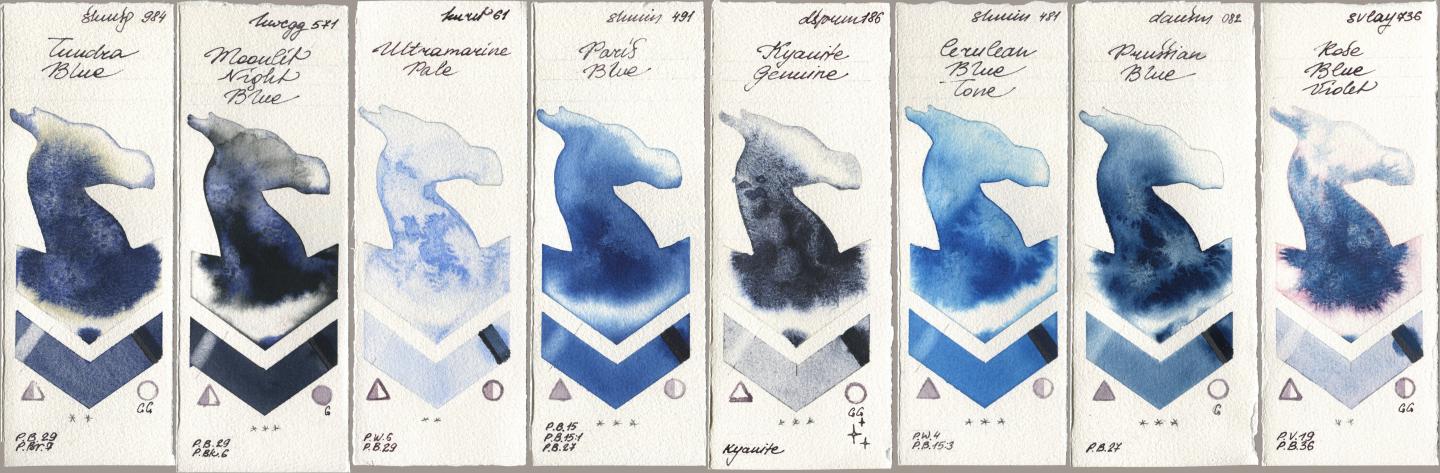 Shminke Horadam Aquarell 984 Tundra Blue, Holbein Artists Watercolor 571 Moonlit Night Blue, Kuretake Gansai Tambi 061 Ultramarine Pale, 491 Paris Blue, Daniel Smith 186 Kyanite Genuine, 481 Cerulean Blue Tone, 082 Prussian Blue, SuperVision 736 Rose Blue Viol watercolor swatch