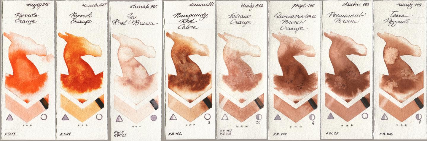 Royal Talens Van Gogh Watercolour 278 Pyrrole Orange, Royal Talens Rembrandt Watercolour 278 Pyrrole Orange, Shminke Akademie Aquarell 916 Icy Red-Brown, Daniel Smith 151 Burgundy Red Ochre, Shminke Horadam Aquarell 912 Volcano Orange, Golden QOR 165 Quinacridone Burnt Orange, 068 Permanent Brown, Roman Szmal Aquarius 119 Terra Pozzuo watercolor swatch