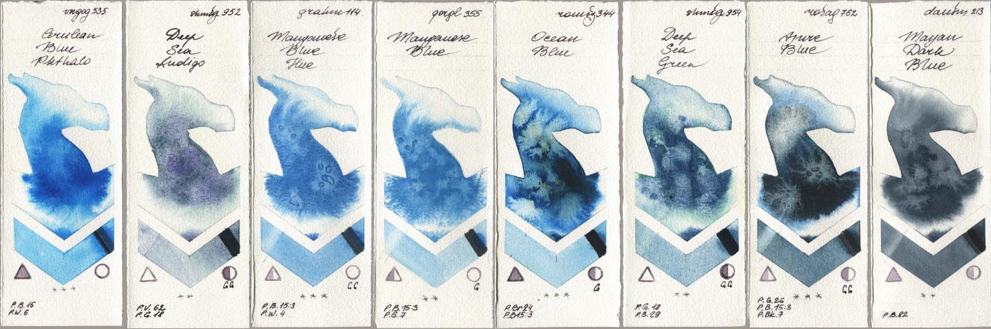 Royal Talens Van Gogh Watercolour 535 Cerulean Blue Phthalo, Shminke Horadam Aquarell 952 Deep Sea Indigo, M. Graham & Co. Artists 114 Manganese Blue Hue, Golden QOR 355 Manganese Blue, Roman Szmal Aquarius 344 Ocean Blue, 954 Deep Sea Green, Rosa Gallery 762 Azure Blue, Daniel Smith 213 Mayan Dark Bl watercolor swatch