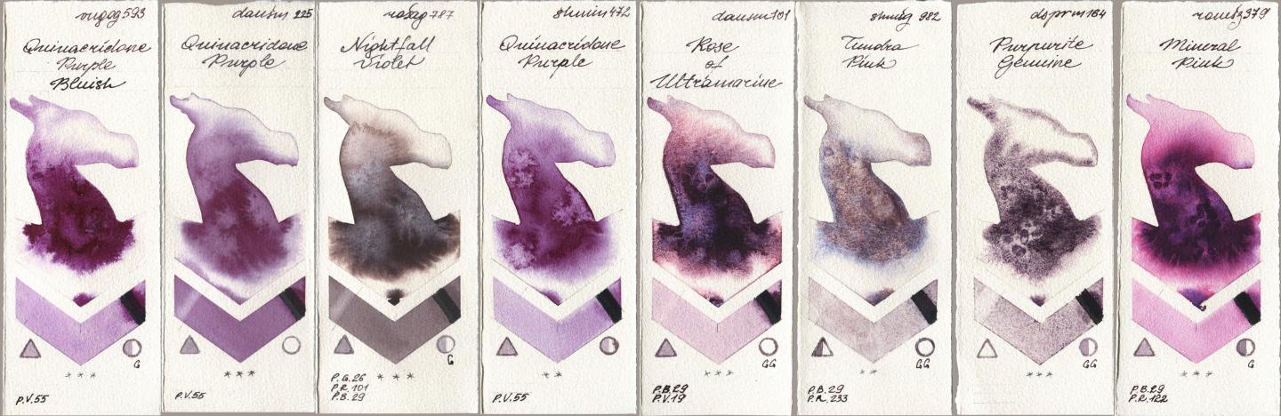 Royal Talens Van Gogh Watercolour 593 Quinacridone Purple Bluish, Daniel Smith 225 Quinacridone Purple, Rosa Gallery 787 Nightfall Violet, Shminke Horadam Aquarell 472 Quinacridone Purple, 101 Rose of Ultramarine, 982 Tundra Pink, 164 Purpurite Genuine, Roman Szmal Aquarius 379 Mineral Pi watercolor swatch