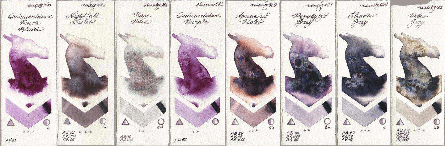 Royal Talens Van Gogh Watercolour 593 Quinacridone Purple Bluish, Rosa Gallery 787 Nightfall Violet, Shminke Horadam Aquarell 966 Haze Pink, 472 Quinacridone Purple, Roman Szmal Aquarius 369 Aquarius Violet, 401 Przybyszs Grey, 259 Shadow Grey, 262 Urban Gr watercolor swatch