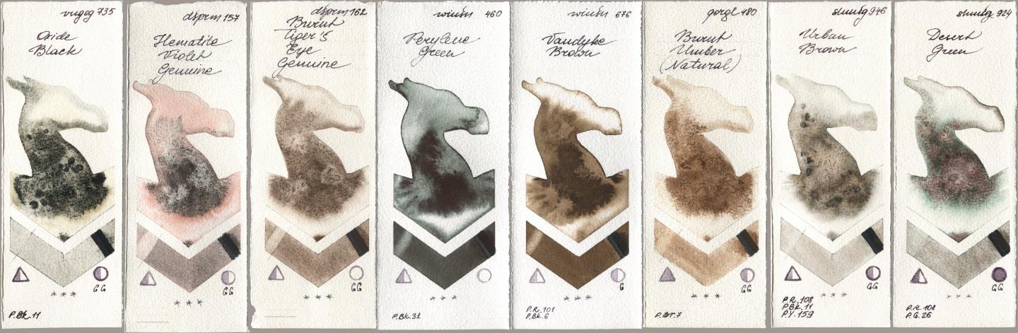 Royal Talens Van Gogh Watercolour 735 Oxide Black, Daniel Smith 157 Hematite Violet Genuine, 162 Burnt Tigers Eye Genuine, Winsor & Newton Professional 460 Perylene Green, 676 Vandyke Brown, Golden QOR 480 Burnt Umber (Natural), Shminke Horadam Aquarell 946 Urban Brown, 924 Desert Gre watercolor swatch