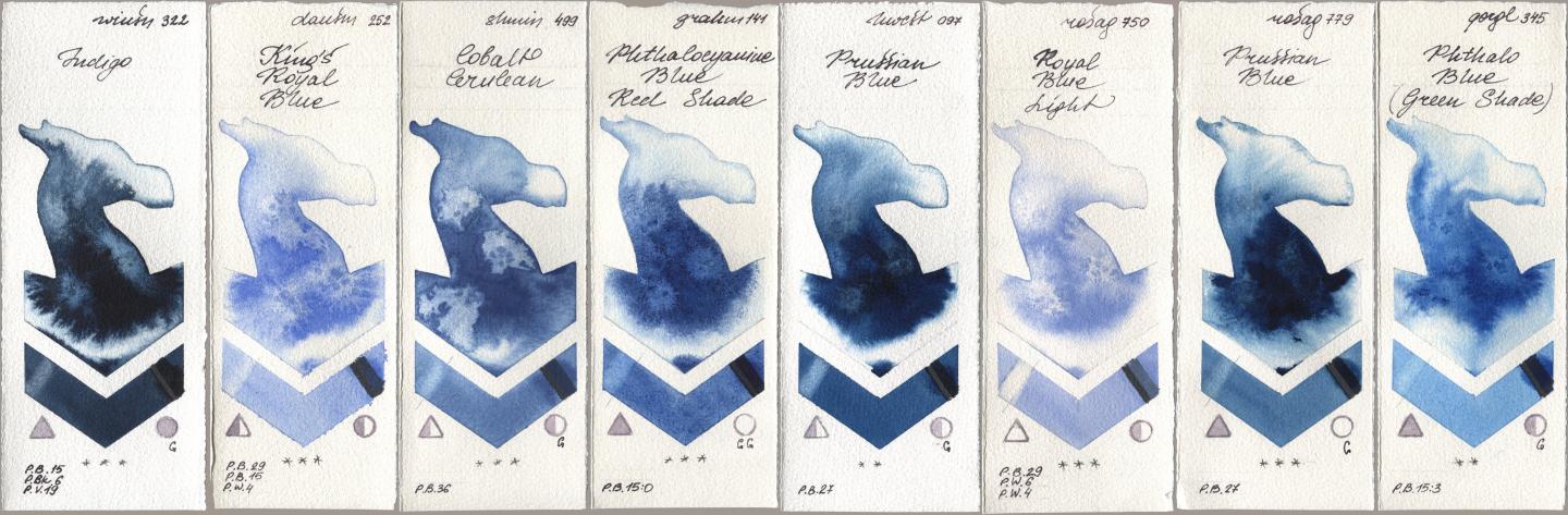 Winsor & Newton Professional 322 Indigo, Daniel Smith 252 King’s Royal Blue, Shminke Horadam Aquarell 499 Cobalt Cerulean, M. Graham & Co. Artists 141 Phthalocyanine Blue Red Shade, Holbein Artists Watercolor 097 Prussian Blue, Rosa Gallery 750 Royal Blue Light, 779 Prussian Blue, Golden QOR 345 Phthalo Blue (Green Shad watercolor swatch