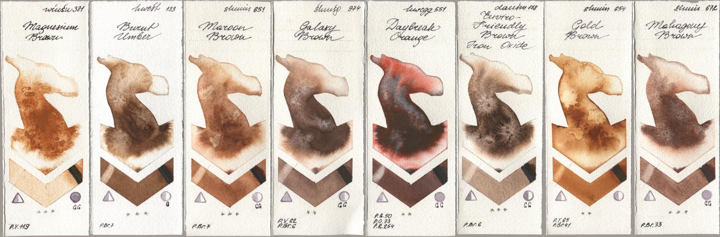 Winsor & Newton Professional 381 Magnesuim Brown, Holbein Artists Watercolor 133 Burnt Umber, Shminke Horadam Aquarell 651 Maroon Brown, 974 Galaxy Brown, 551 Daybreak Orange, Daniel Smith 178 Enviro-Friendly Brown Iron Oxide, 654 Gold Brown, 672 Mahagony Bro watercolor swatch