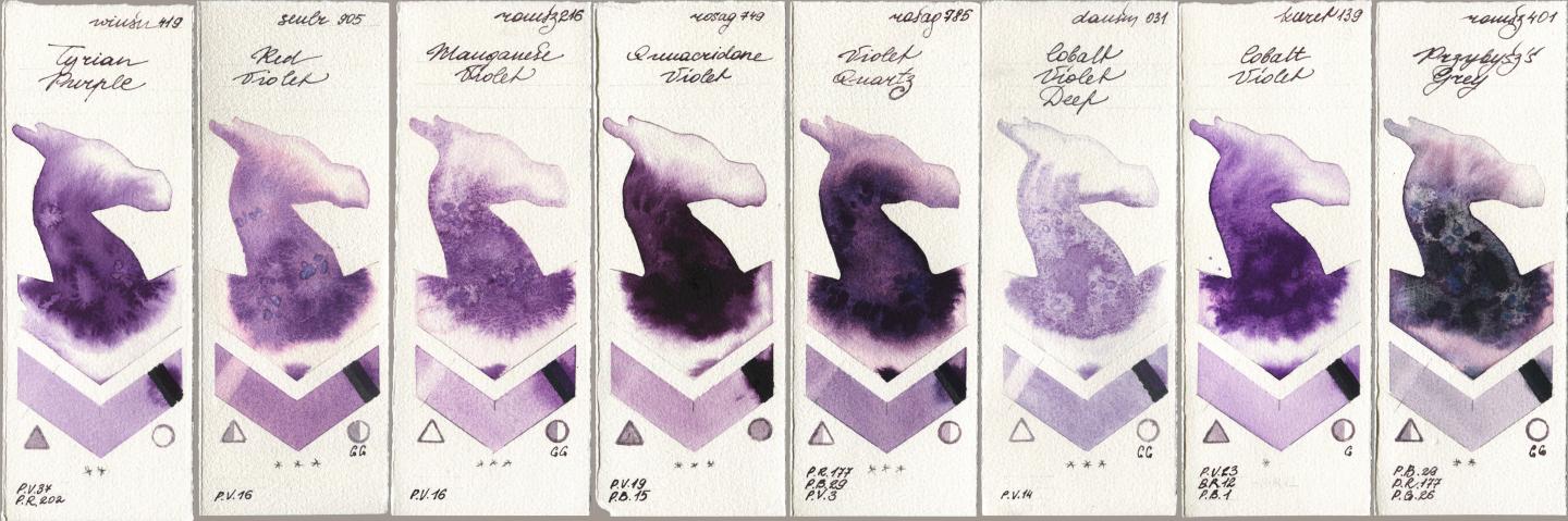 Winsor & Newton Professional 419 Tyrian Purple, Sennelier l Aquarelle 905 Red Violet, Roman Szmal Aquarius 216 Manganese Violet, Rosa Gallery 749 Quinacridone Violet, 785 Violet Quartz, Daniel Smith 031 Cobalt Violet Deep, Kuretake Gansai Tambi 139 Cobalt Violet, 401 Przybyszs Gr watercolor swatch