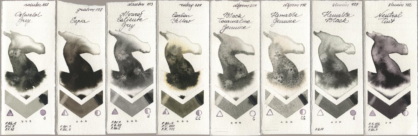 Winsor & Newton Professional 428 Ostwald Grey, M. Graham & Co. Artists 178 Sepia, Daniel Smith 243 Alvaros Caliente Grey, Rosa Gallery 788 Carbon Yellow, 207 Black Tourmaline Genuine, 156 Hematite Genuine, Shminke Horadam Aquarell 789 Hematite Black, 782 Neutral Ti watercolor swatch