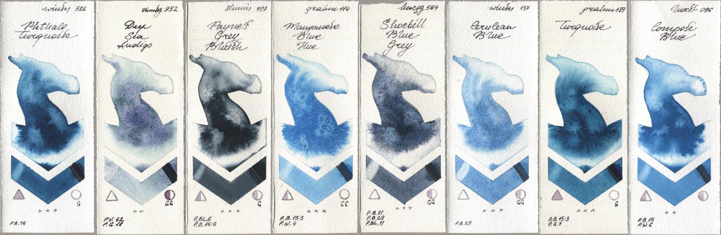Winsor & Newton Professional 526 Phthalo Turquoise, Shminke Horadam Aquarell 952 Deep Sea Indigo, 787 Paynes Grey Bluish, M. Graham & Co. Artists 114 Manganese Blue Hue, Holbein Artists Watercolor 564 Shoebill Blue Grey, 137 Cerulean Blue, 189 Turquoise, 096 Compose Bl watercolor swatch