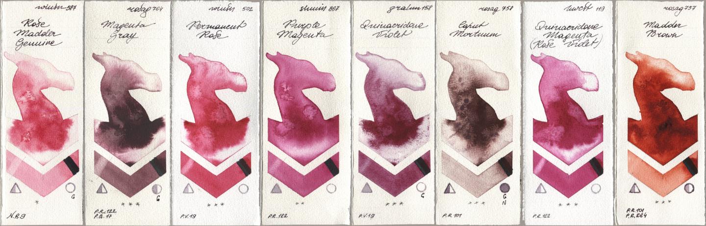 Winsor & Newton Professional 587 Rose Madder Genuine, Rosa Gallery 764 Magenta Gray, 502 Permanent Rose, Shminke Horadam Aquarell 367 Purple Magenta, M. Graham & Co. Artists 158 Quinacridone Violet, 758 Caput Mortuum, Holbein Artists Watercolor 119 Quinacridone Magenta (Rose Violet), 757 Madder Bro watercolor swatch