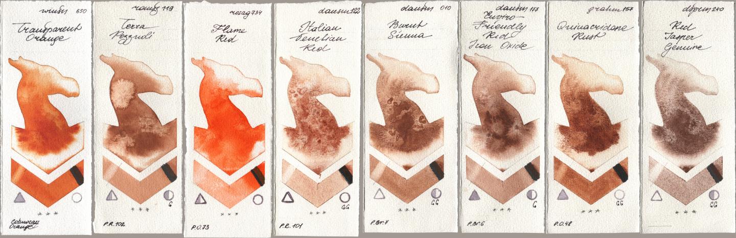 Winsor & Newton Professional 650 Transparent Orange, Roman Szmal Aquarius 119 Terra Pozzuoli, Rosa Gallery 734 Flame Red, Daniel Smith 122 Italian Venetian Red, 010 Burnt Sienna, 177 Enviro-Friendly Red Iron Oxide, M. Graham & Co. Artists 157 Quinacridone Rust, 240 Red Jasper Genui watercolor swatch