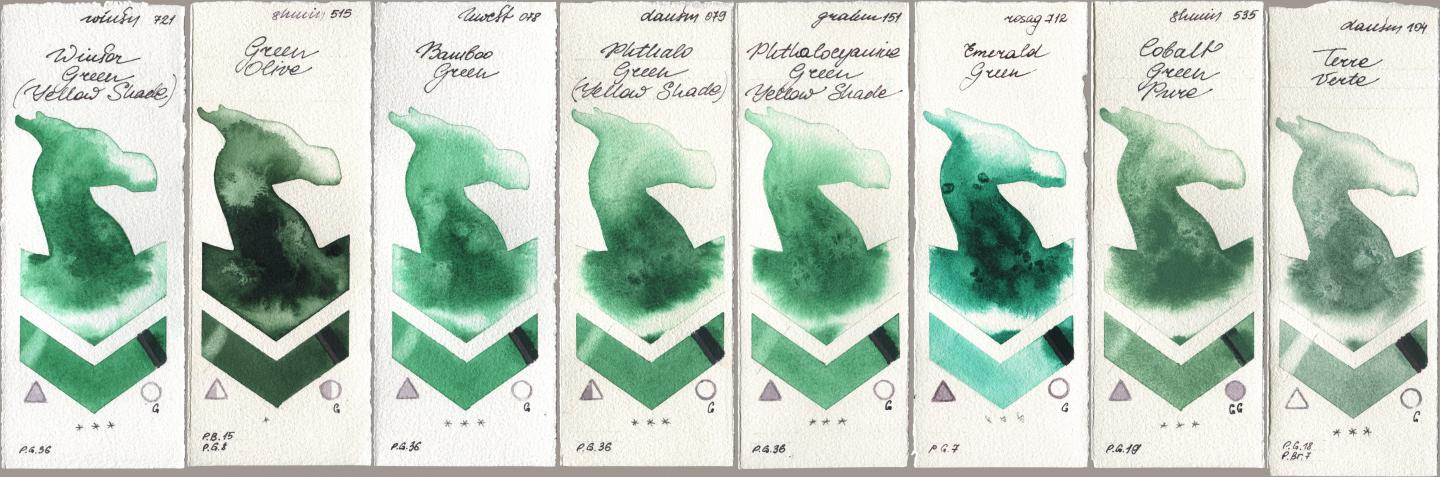 Winsor & Newton Professional 721 Winsor Green (Yellow shade), Shminke Horadam Aquarell 515 Green Olive, Holbein Artists Watercolor 078 Bamboo Green, Daniel Smith 079 Phthalo Green (Yellow Shade), M. Graham & Co. Artists 151 Phthalocyanine Green Yellow Shade, Rosa Gallery 712 Emerald Green, 535 Cobalt Green Pure, 104 Terre Ver watercolor swatch