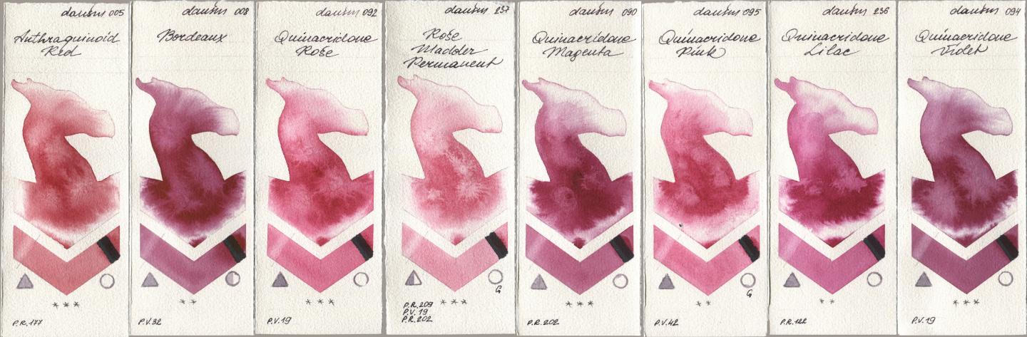 Daniel Smith 005 Anthraquinoid Red, 008 Bordeaux, 092 Quinacridone Rose, 237 Rose Madder Permanent, 090 Quinacridone Magenta, 095 Quinacridone Pink, 236 Quinacridone Lilac, 094 Quinacridone Viol watercolor swatch